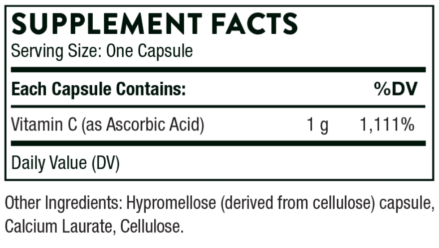 Thorne Ascorbic Acid 1 gm Ingredients Label Image